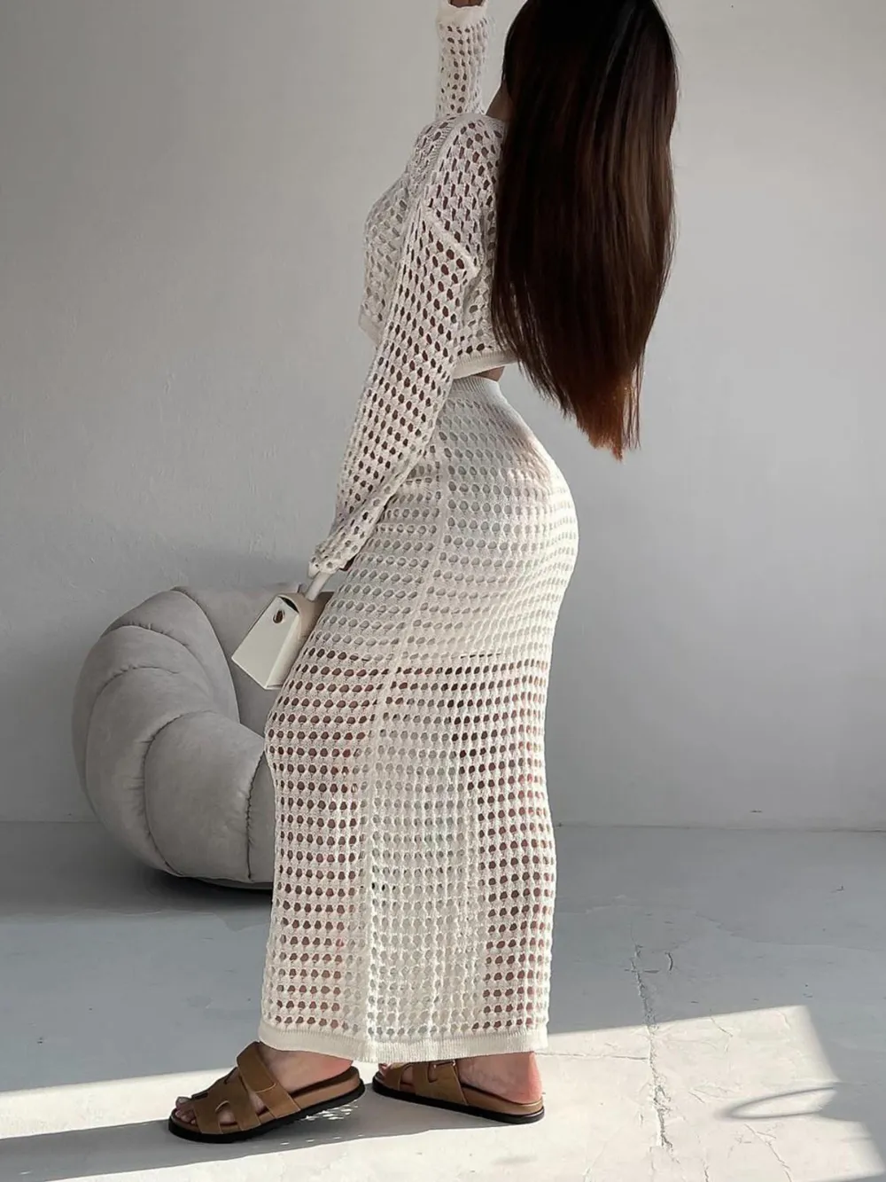 Hollow Out Long Sleeve Top and Skirt Knit Set, image 6
