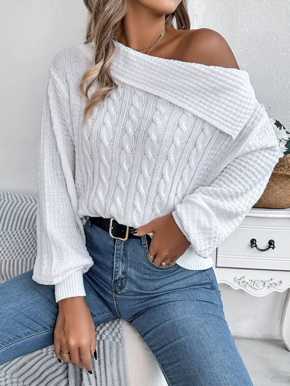 One Shoulder Cable Knit Sweater, image 4