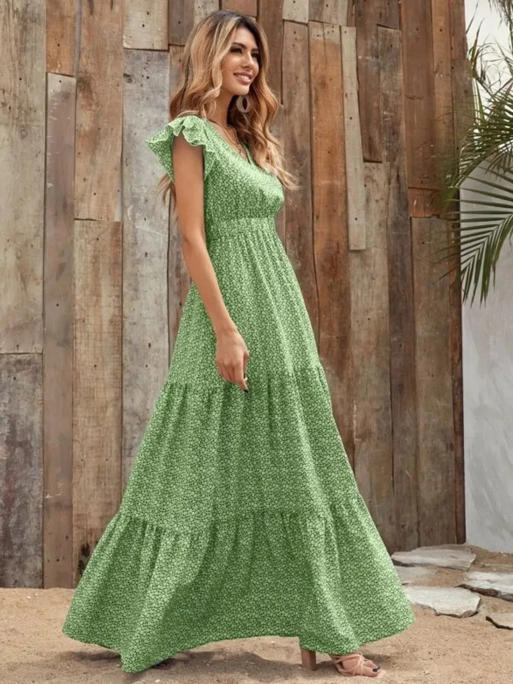 Printed V-Neck Ruffled Cap Sleeve Maxi Dress, image 4