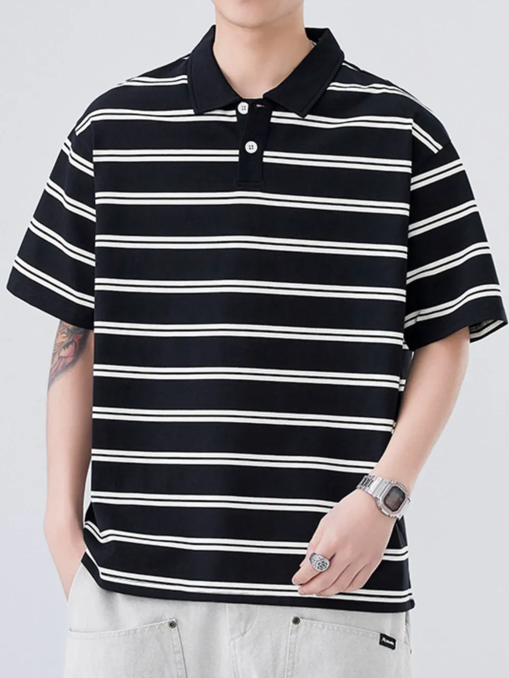 Men's Plus Size Striped Half Sleeve Polo, image 6
