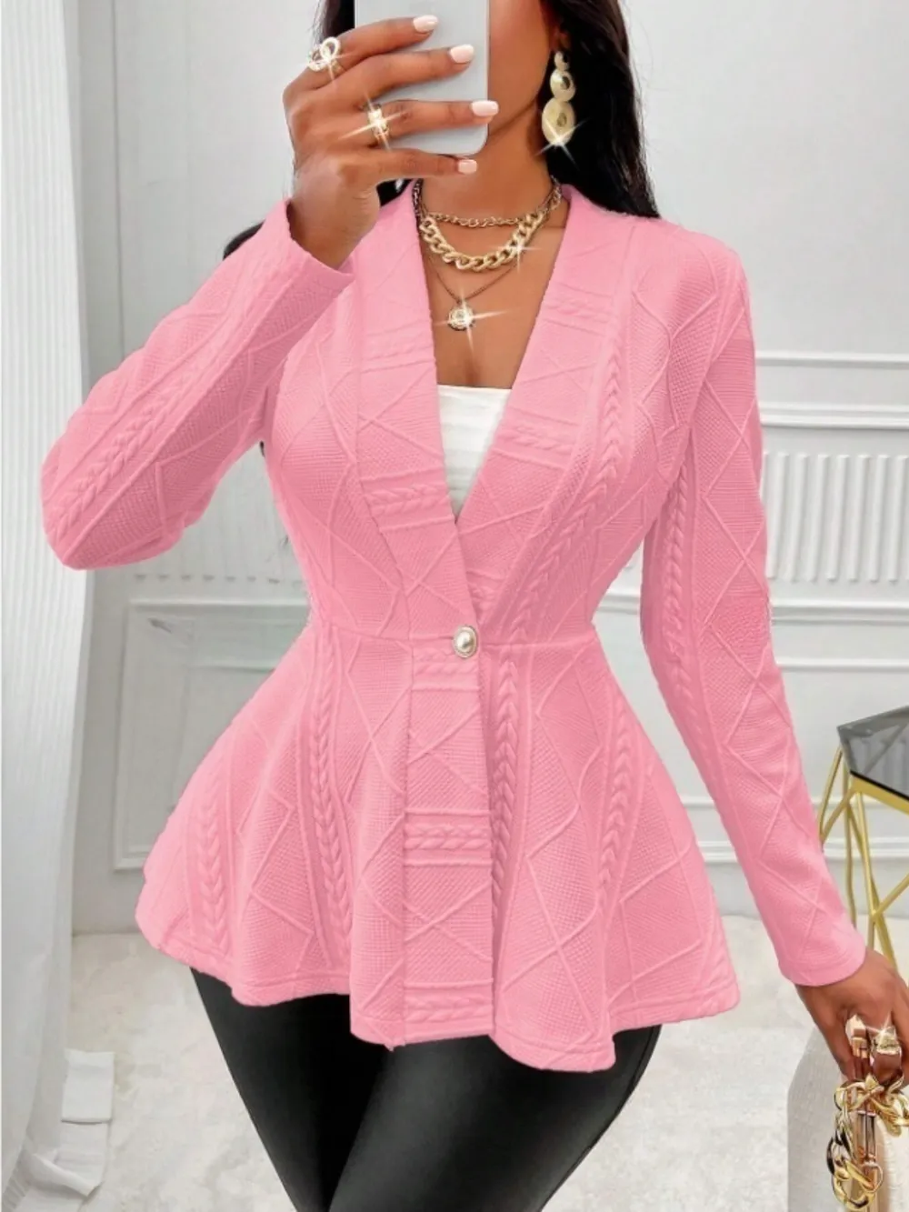 One Button Textured Peplum Cardigan, image 9