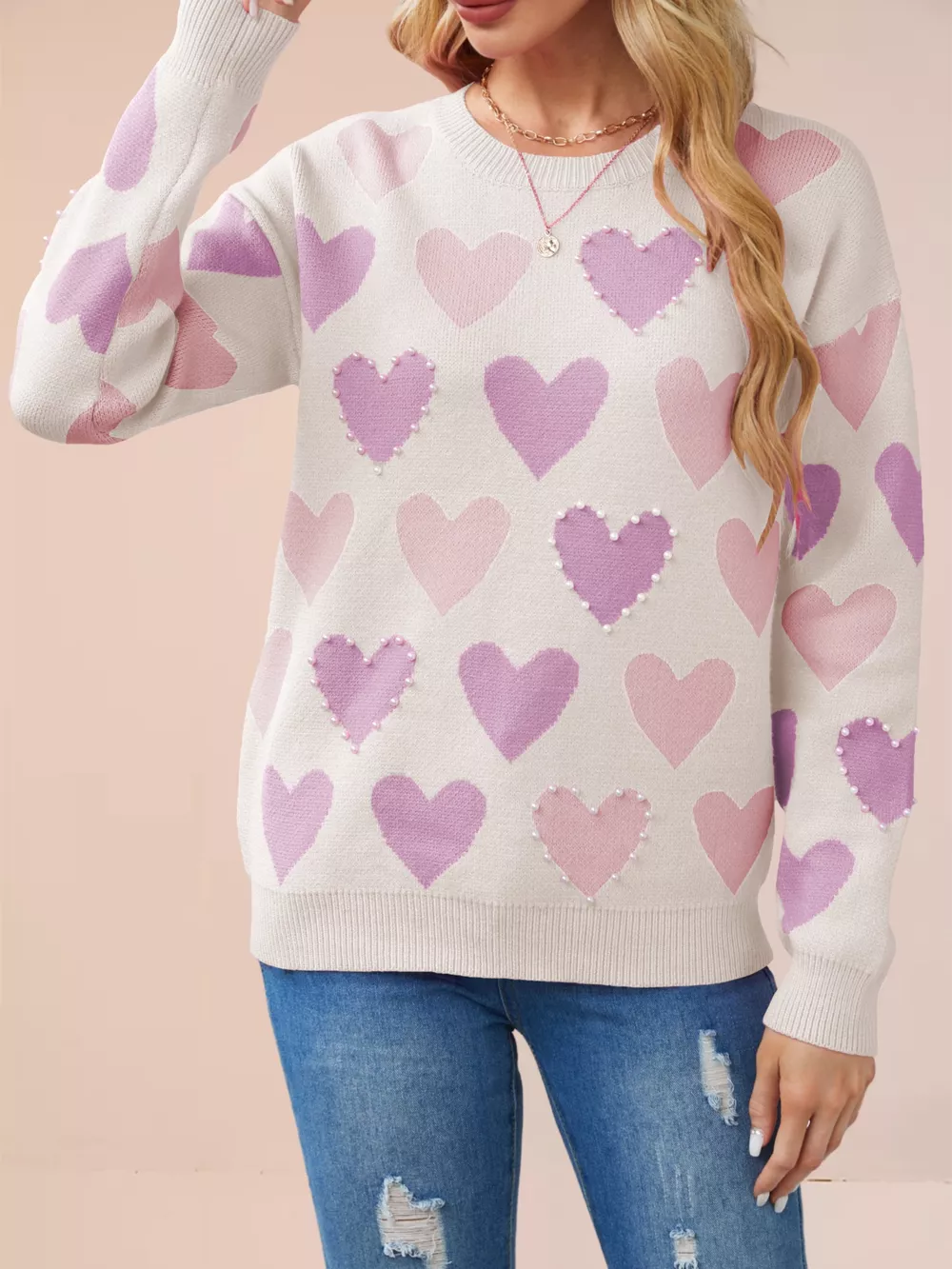 Heart Pattern Beaded Round Neck Sweater, image 8