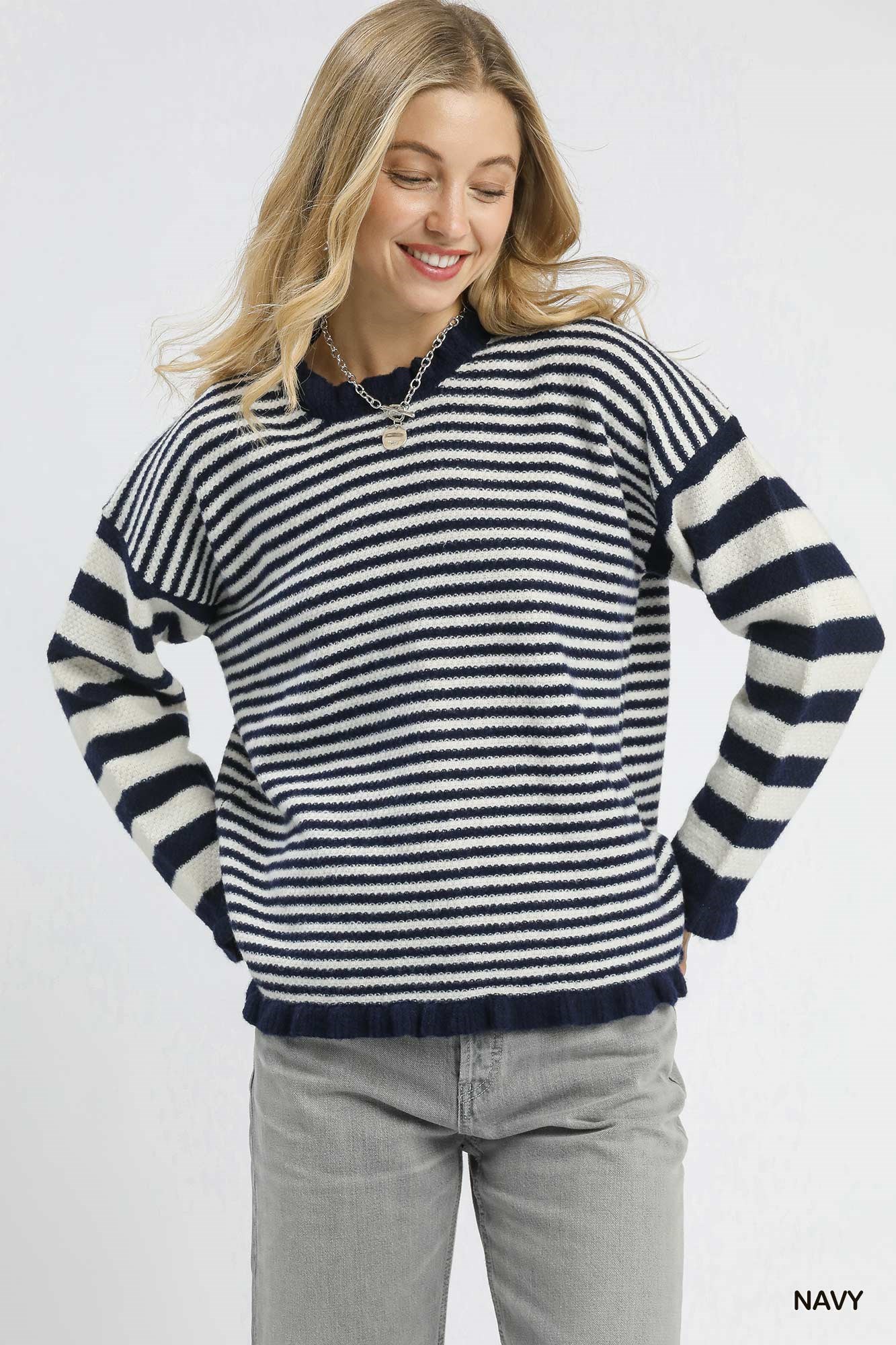 Ruffle Neck Stripe Sweater