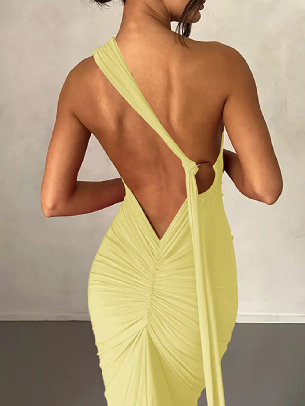 Backless One-Shoulder Ruched Bodycon Maxi Dress, image 10