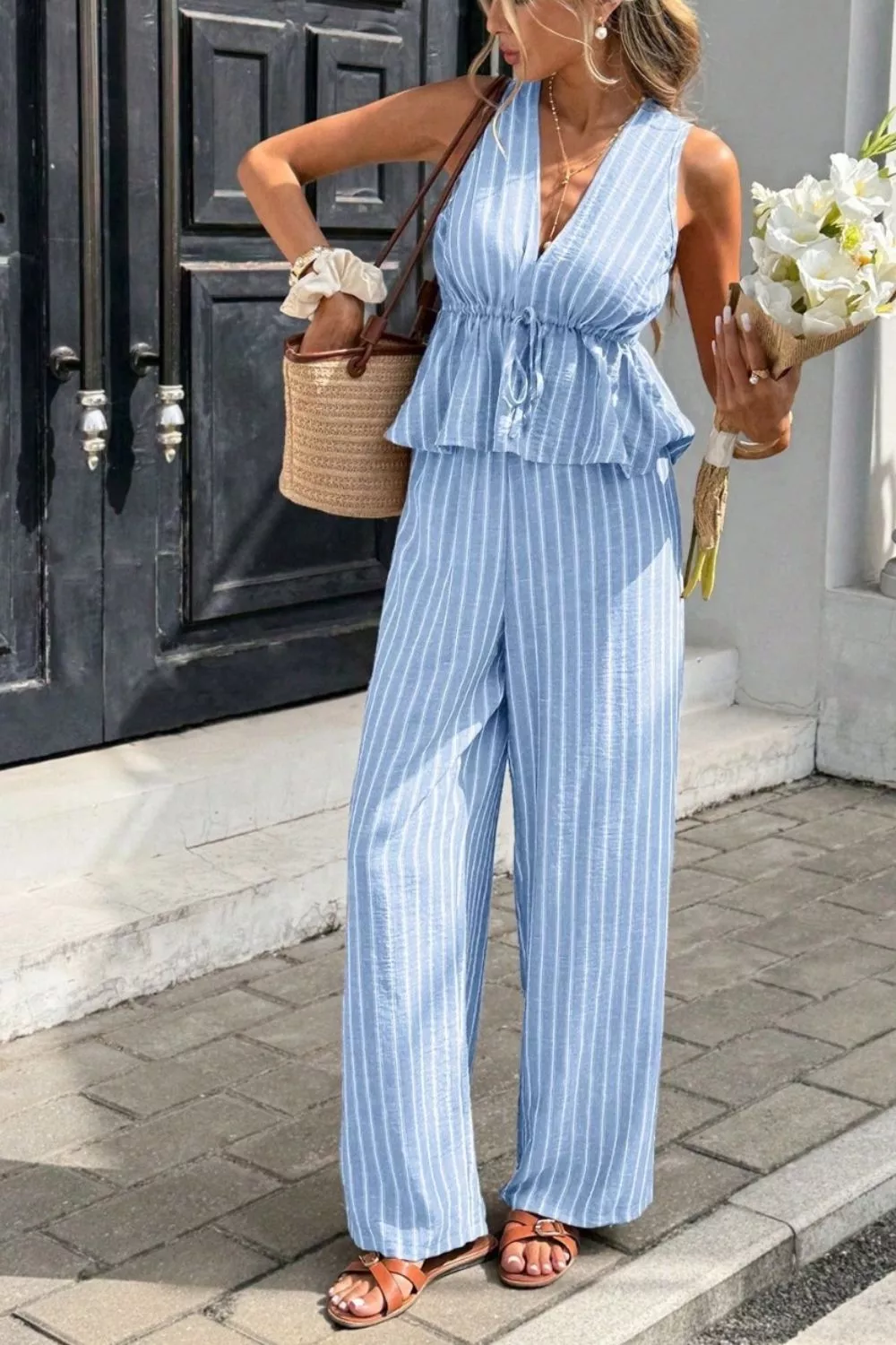 Striped Sleeveless Top and Wide Leg Pants Set, image 15