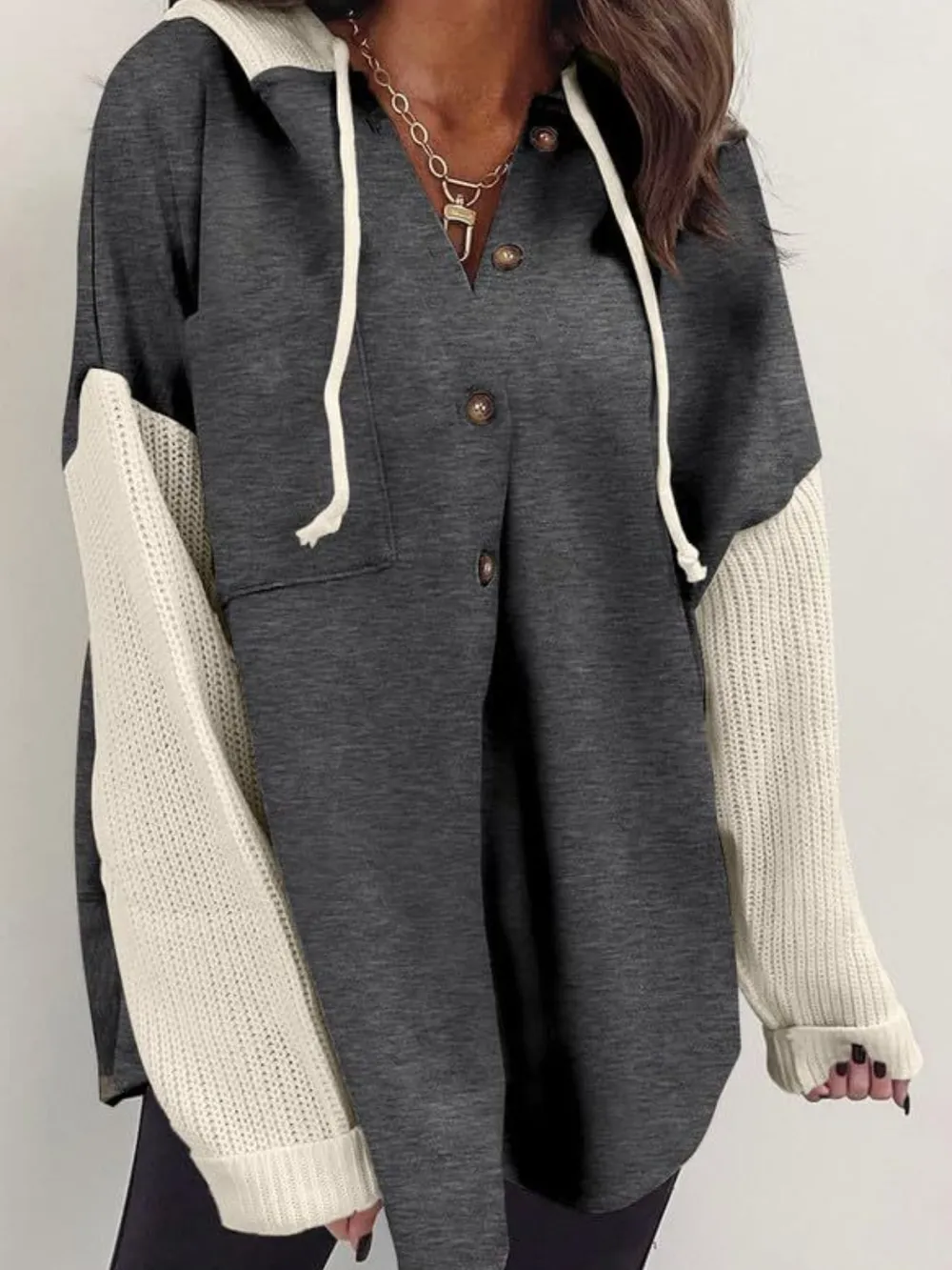 Drawstring Button Front Hoodie, image 7