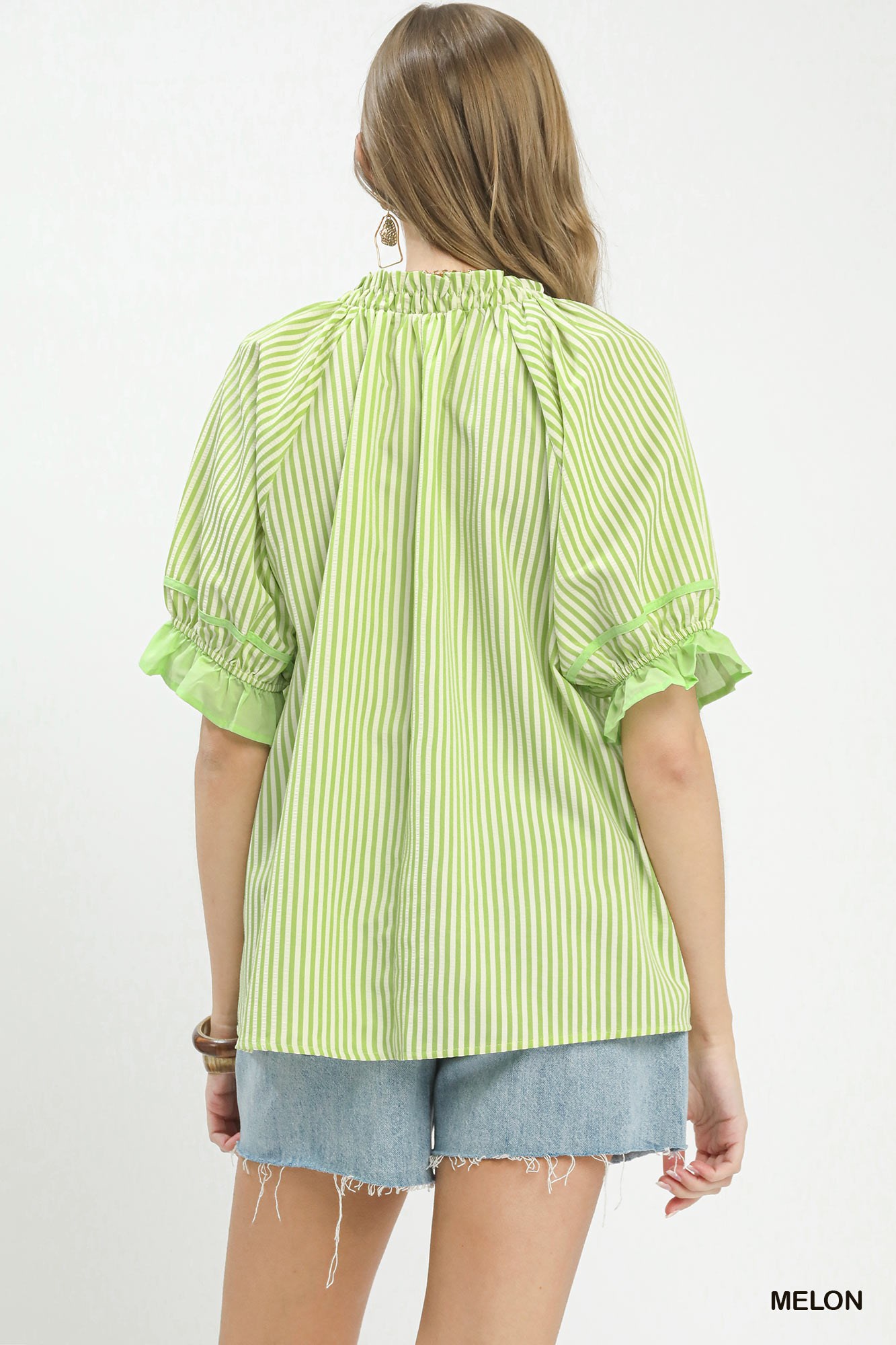 Stripe Ruffle Sleeve Split-Neck Blouse, image 2