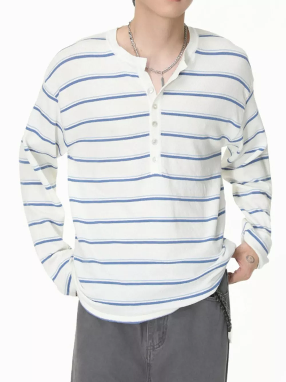Men's Striped Button Detail Henley T-Shirt, image 5