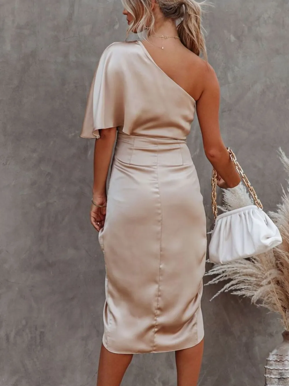 One-Shoulder Satin Wrap Dress with Side Slit, image 7