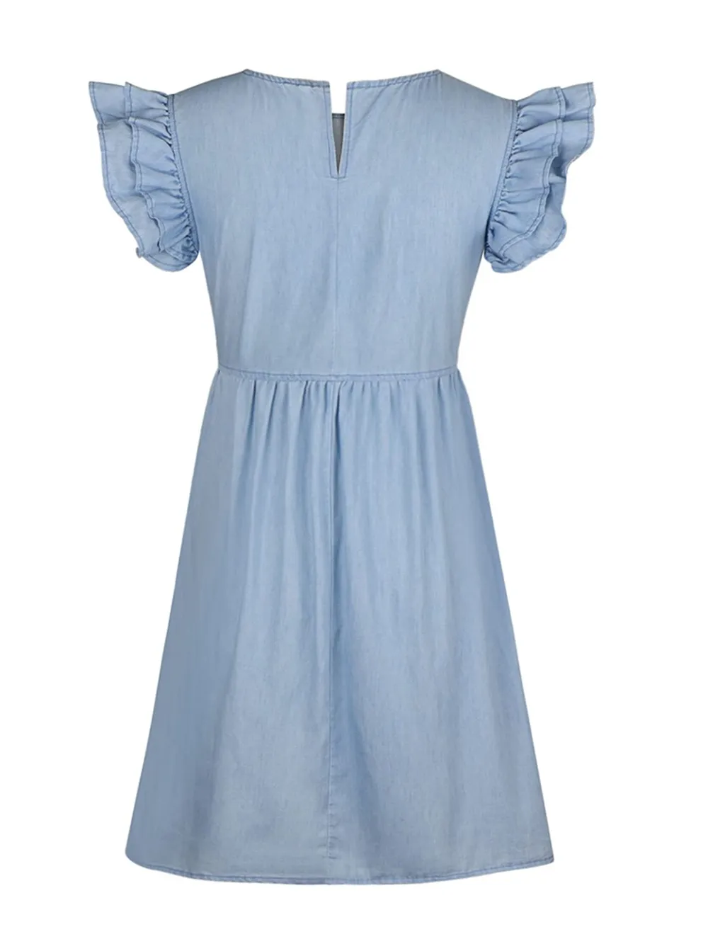 Full Size Ruffled Round Neck Cap Sleeve Denim Dress, image 5