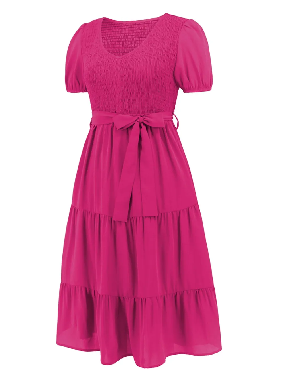 Smocked Tie Front Short Sleeve Tiered Dress, image 34