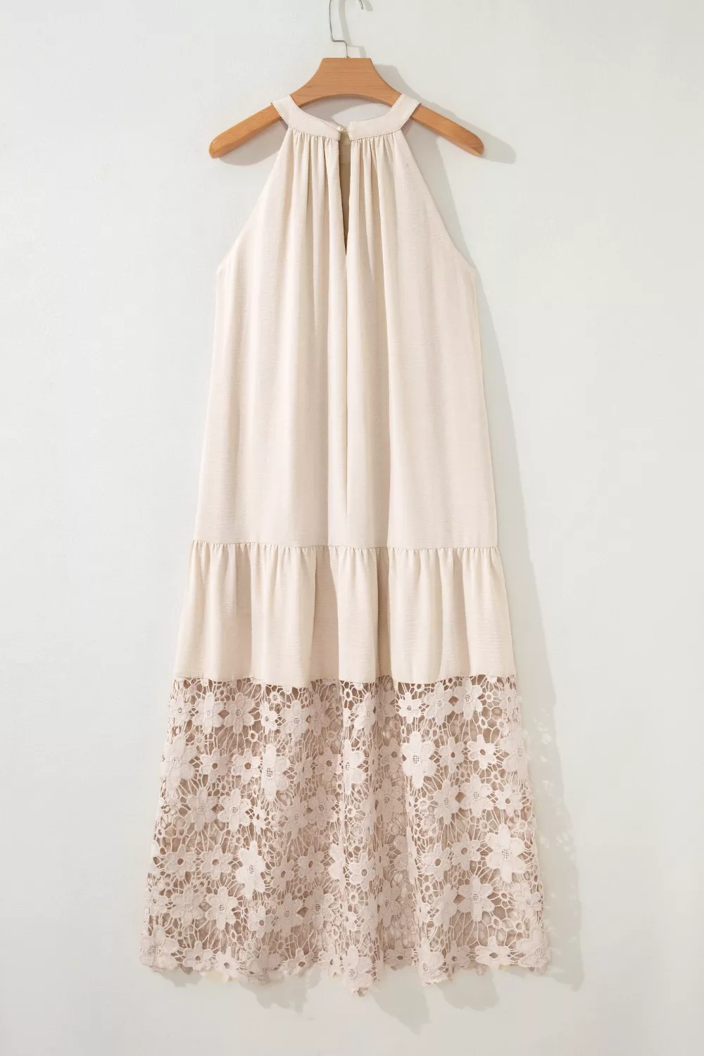 Hollowed Floral Lace Hem Patchwork Loose Halter Summer Dress, image 4