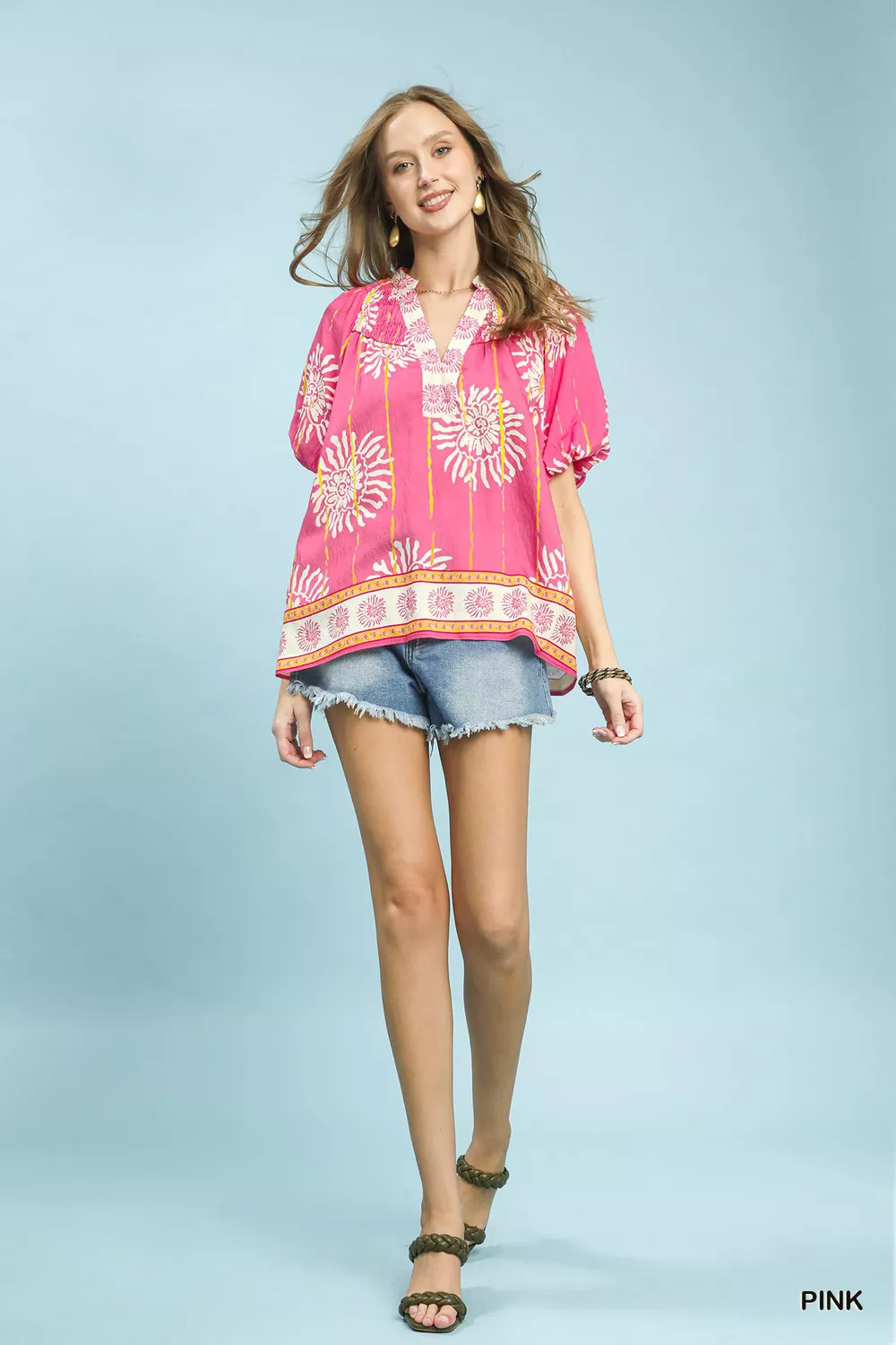 Floral Border Smocked V-Neck Boho Blouse, image 5