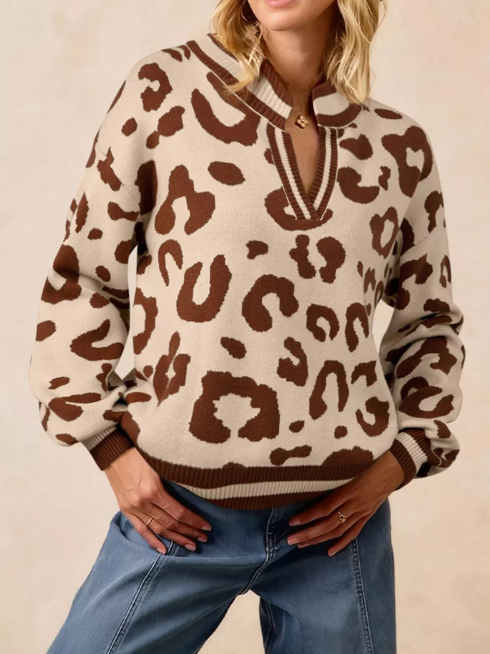 Leopard Knit Notched Casual Sweater