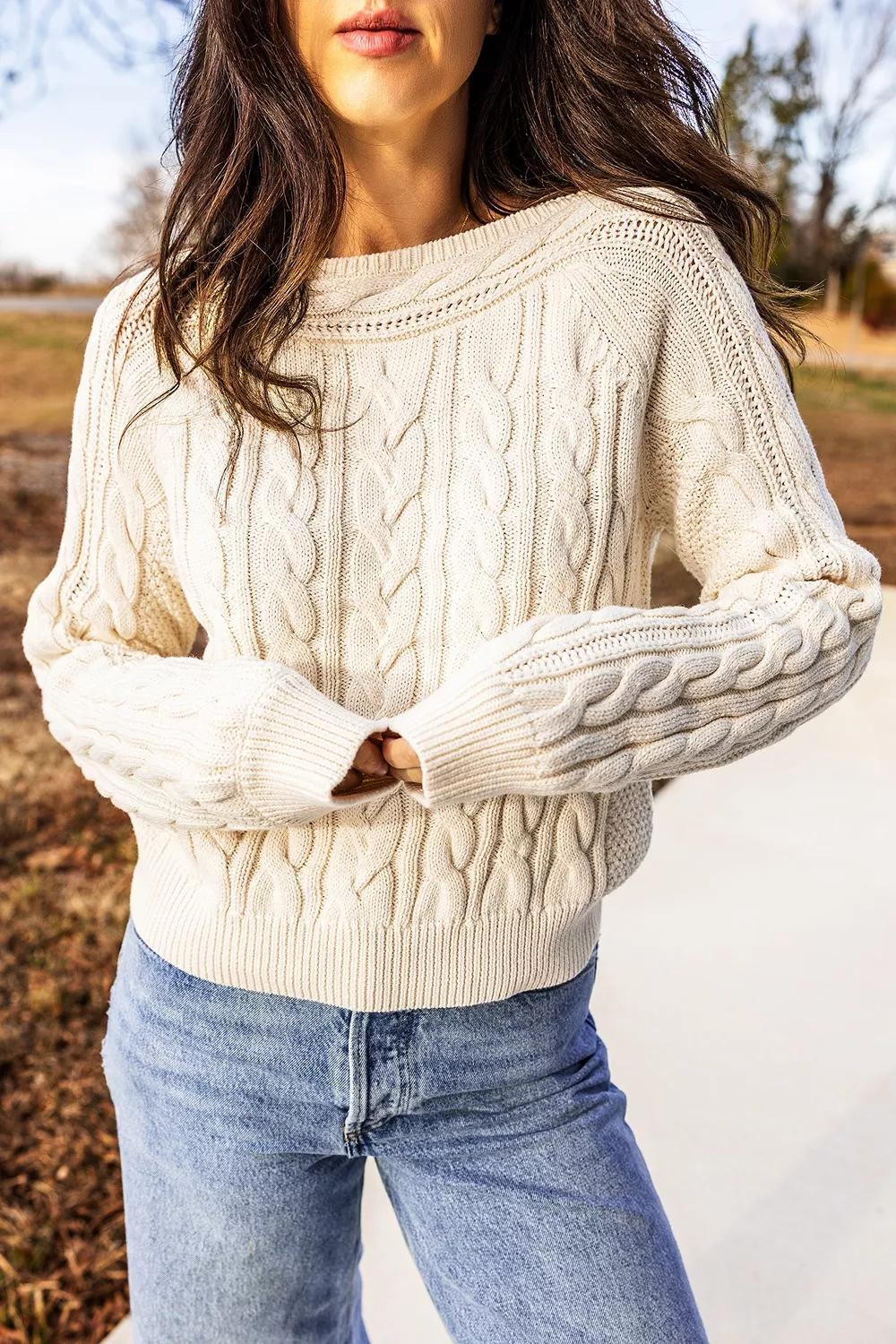 Drop Shoulder Round Neck Cable Knit Sweater, image 6