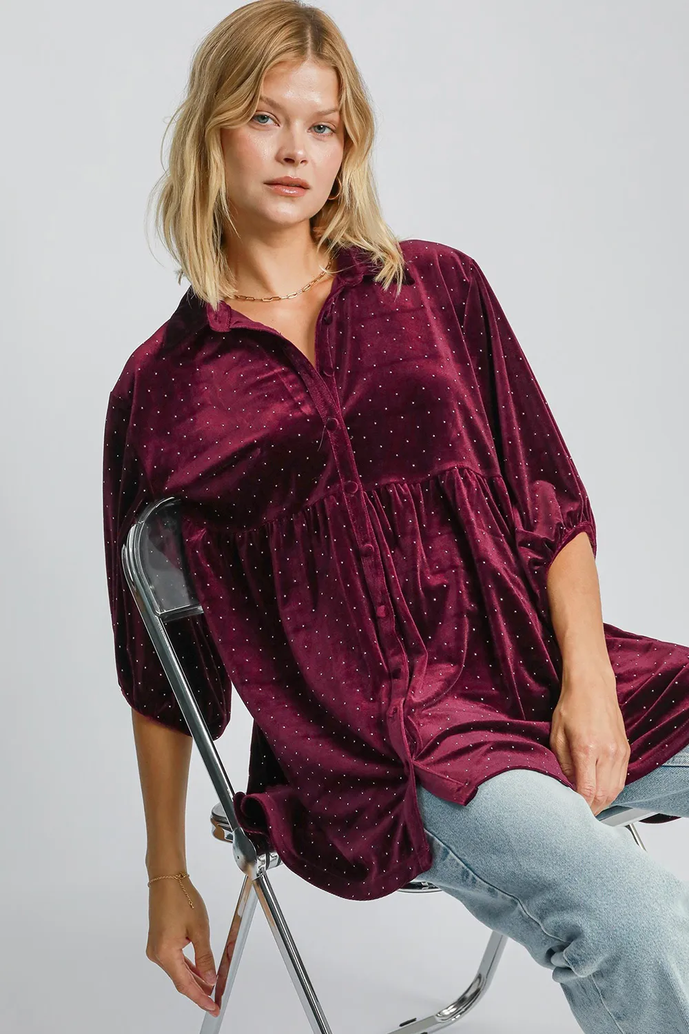 Full Size Polka Dot Button Up Half Sleeve Shirt, image 3