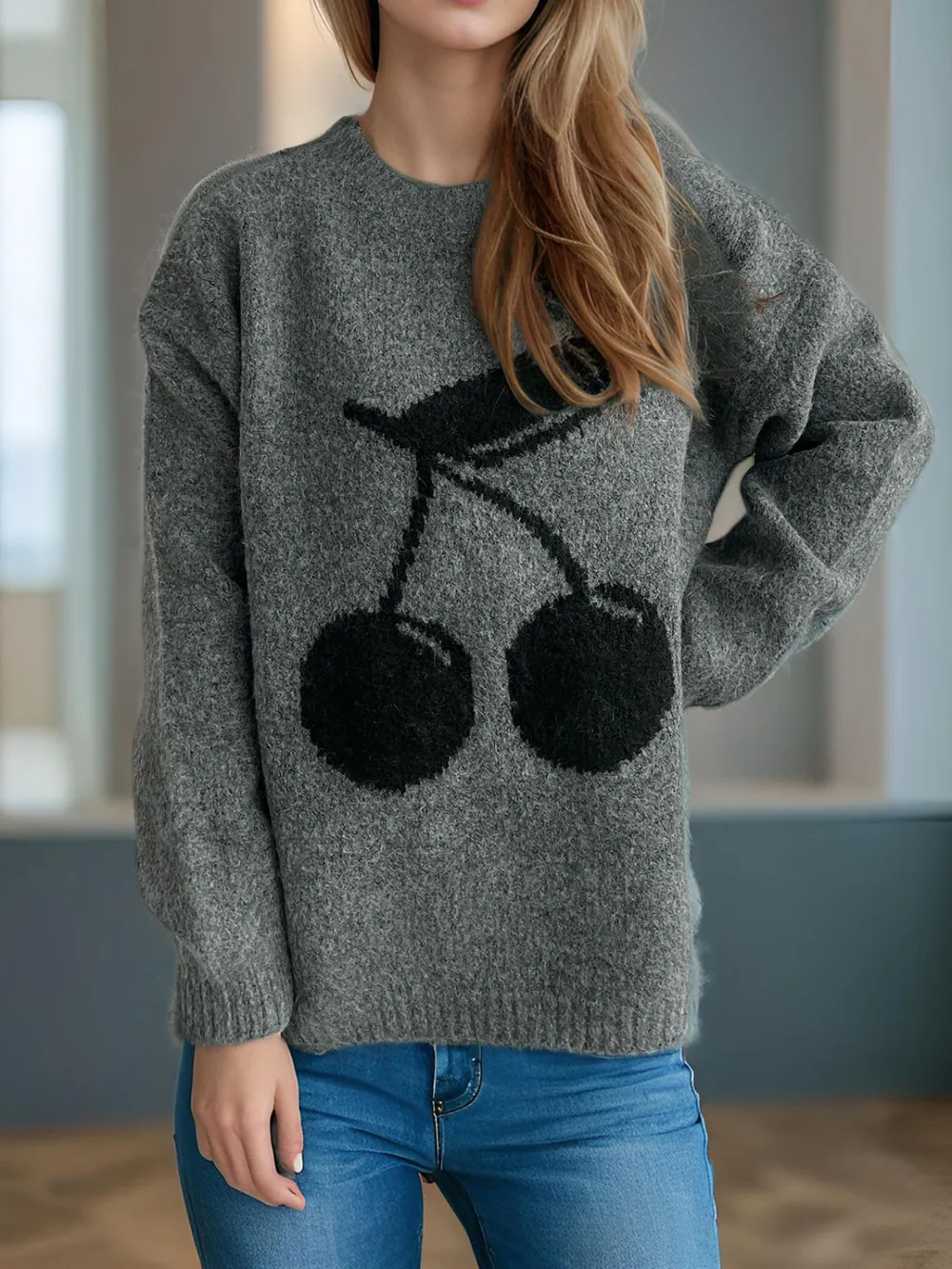 Cherry Round Neck Long Sleeve Sweater, image 5