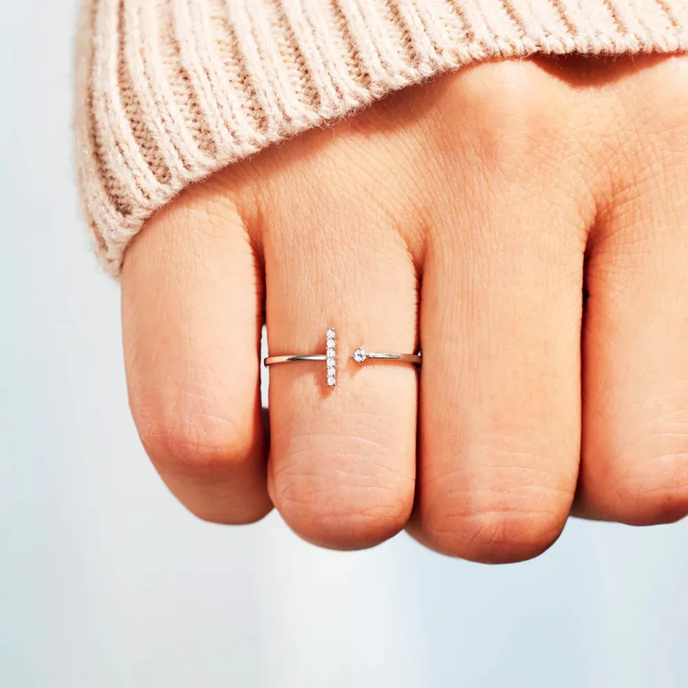 T Shape Inlaid Zircon 925 Sterling Silver Open Ring, image 5