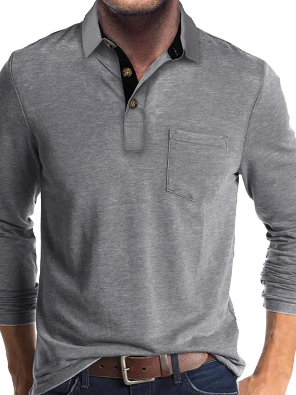 Men's Full Size Long Sleeve Pocket Polo Shirt Plus Size, image 2