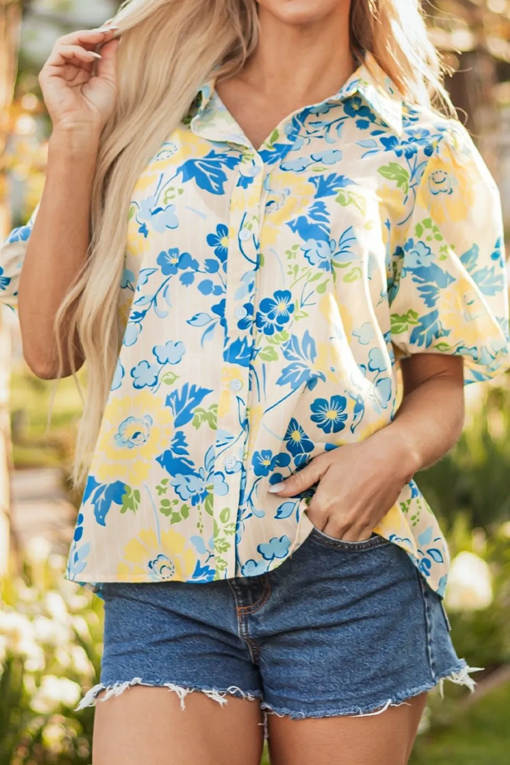 Printed Puff Sleeve Button Down Summer Shirt, image 5