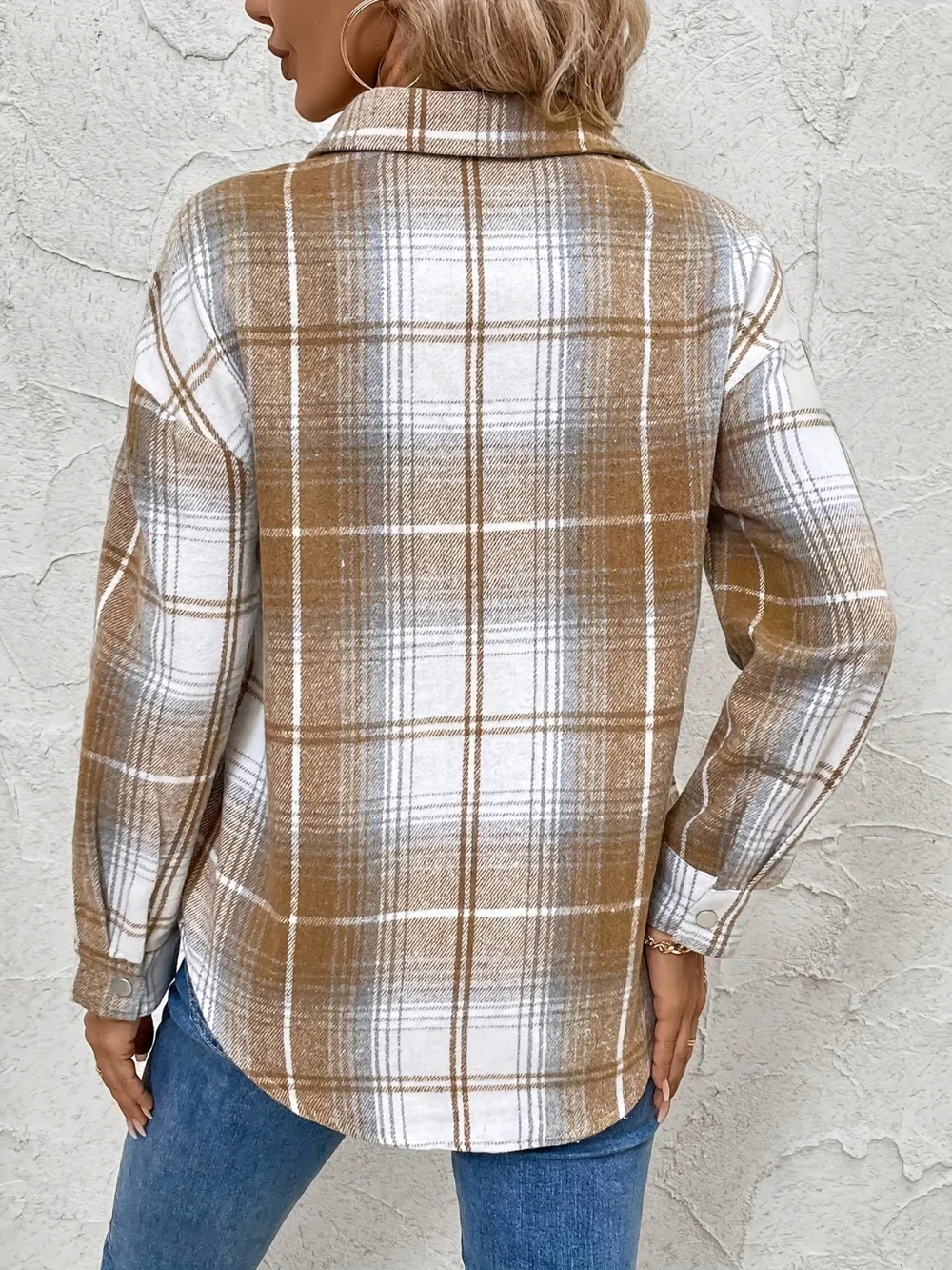 Plaid Collared Neck Half Zip Long Sleeve Top, image 2