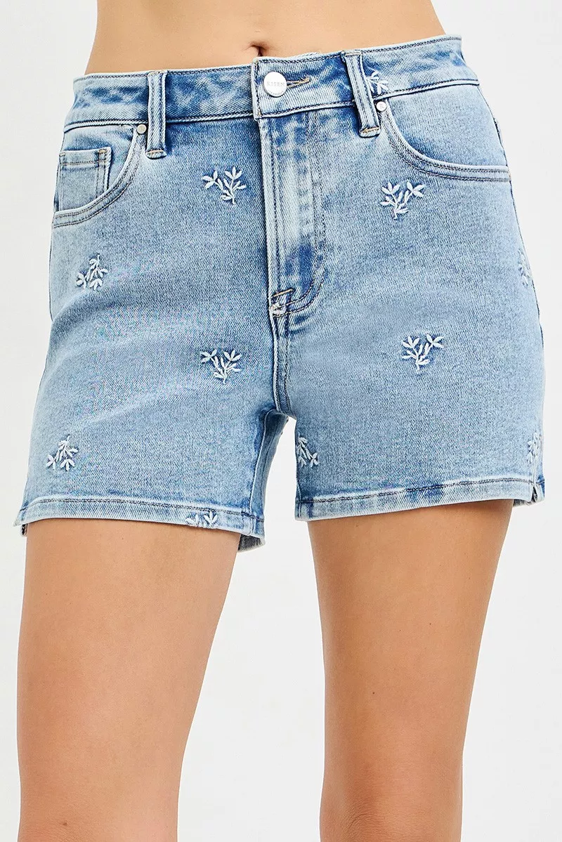 High Rise Denim Shorts with Embroidered Detail