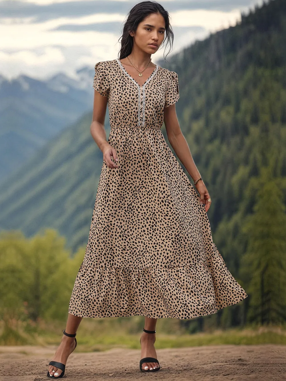 Slit Printed V-Neck Short Sleeve Dress, image 2