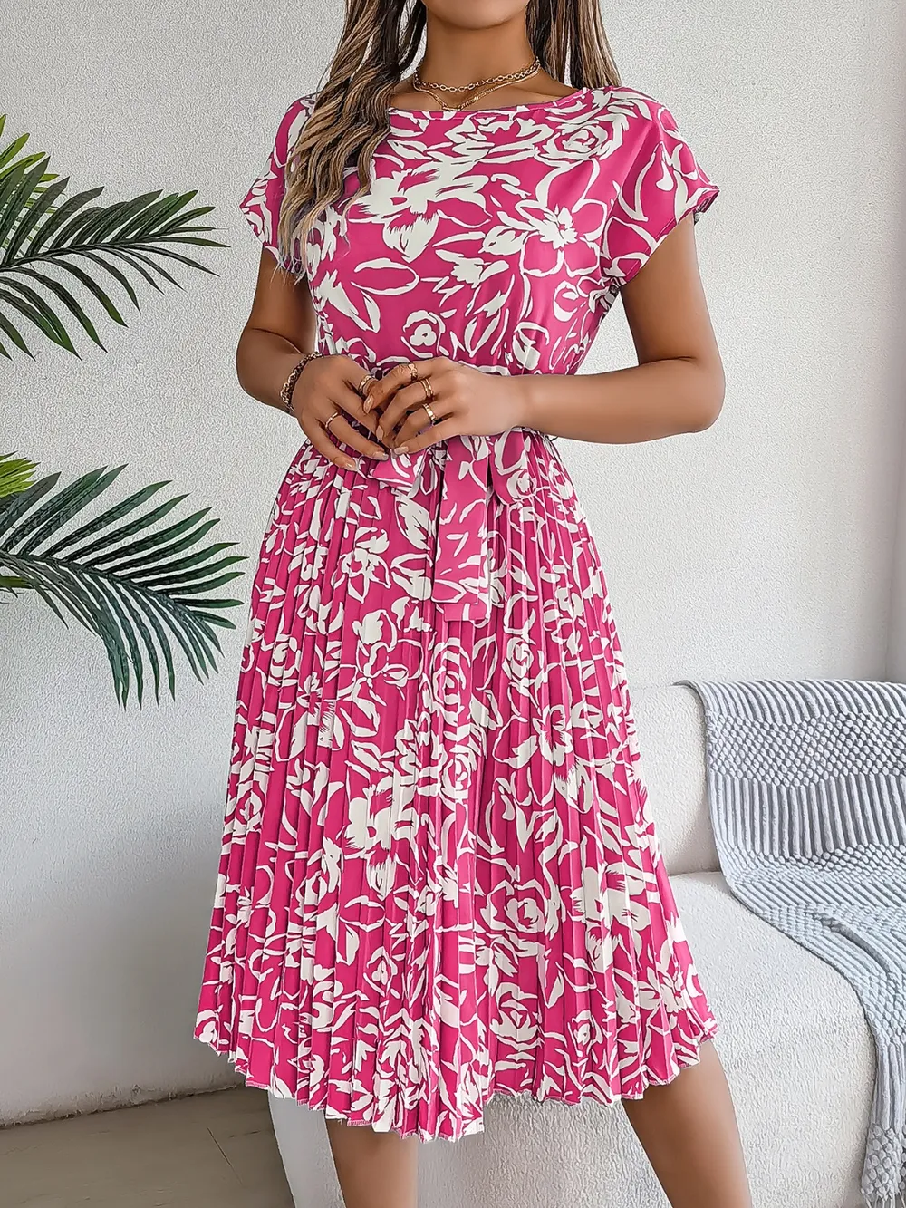 Tied Pleated Printed Short Sleeve Dress, image 7