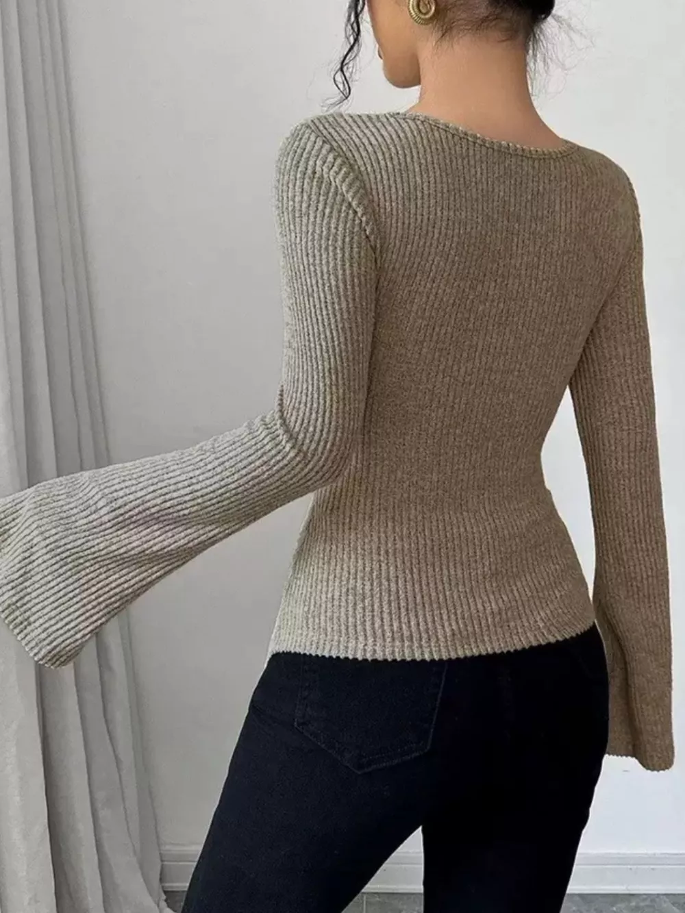 Off-Shoulder Bell Sleeve Ribbed Blouse, image 4