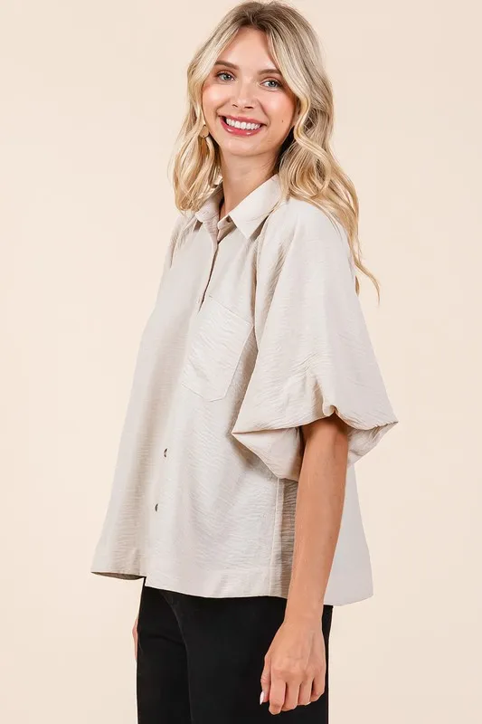 Airflow Short Bubble Sleeve Button Down Shirt, image 4