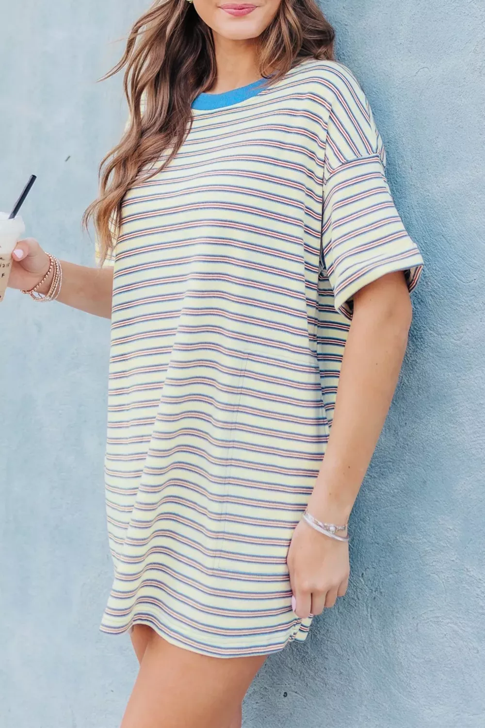 Stripe Drop Shoulder Cuffed Sleeve Loose Tunic T Shirt Mini Dress, image 2