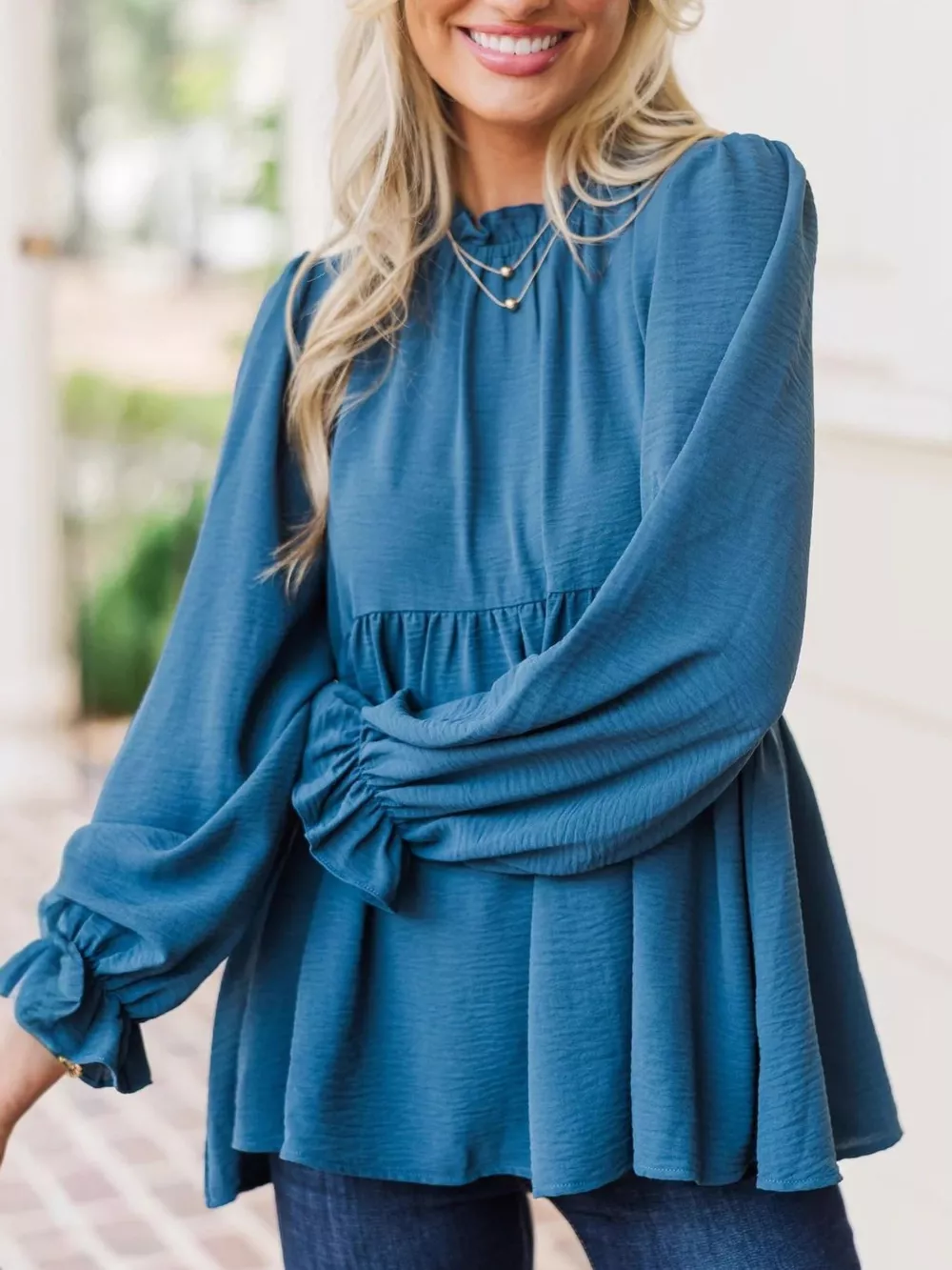 Frill Mock Neck Flounce Sleeve Blouse, image 2