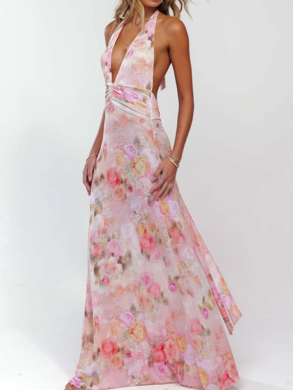 Floral Halter Neck Deep V Maxi Dress, image 5