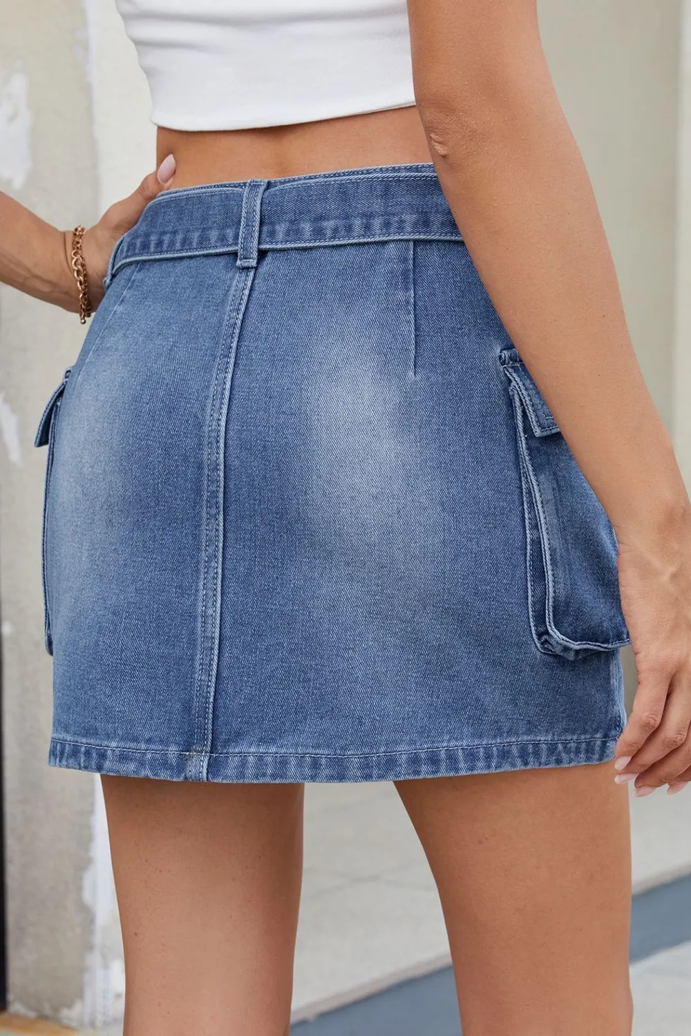 Criss-Cross Waist Detail Denim Mini Skirt, image 3