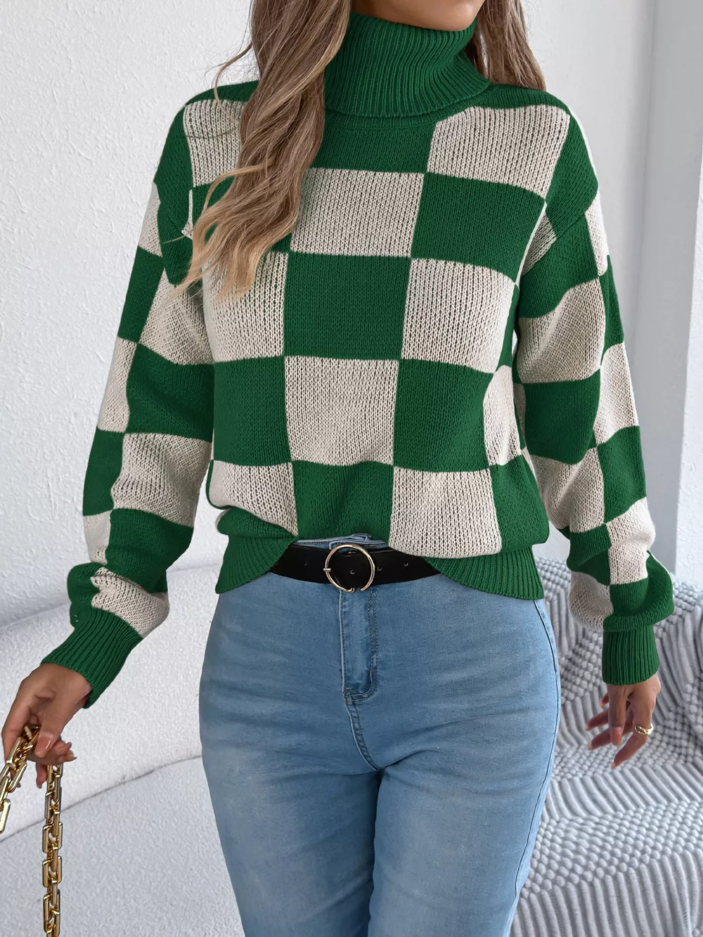 Checkered Turtleneck Long Sleeve Sweater, image 4