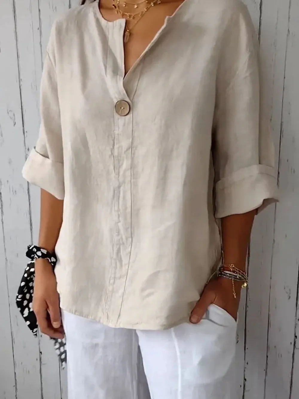 Full Size Linen Blend Notched Blouse Plus Size, image 7