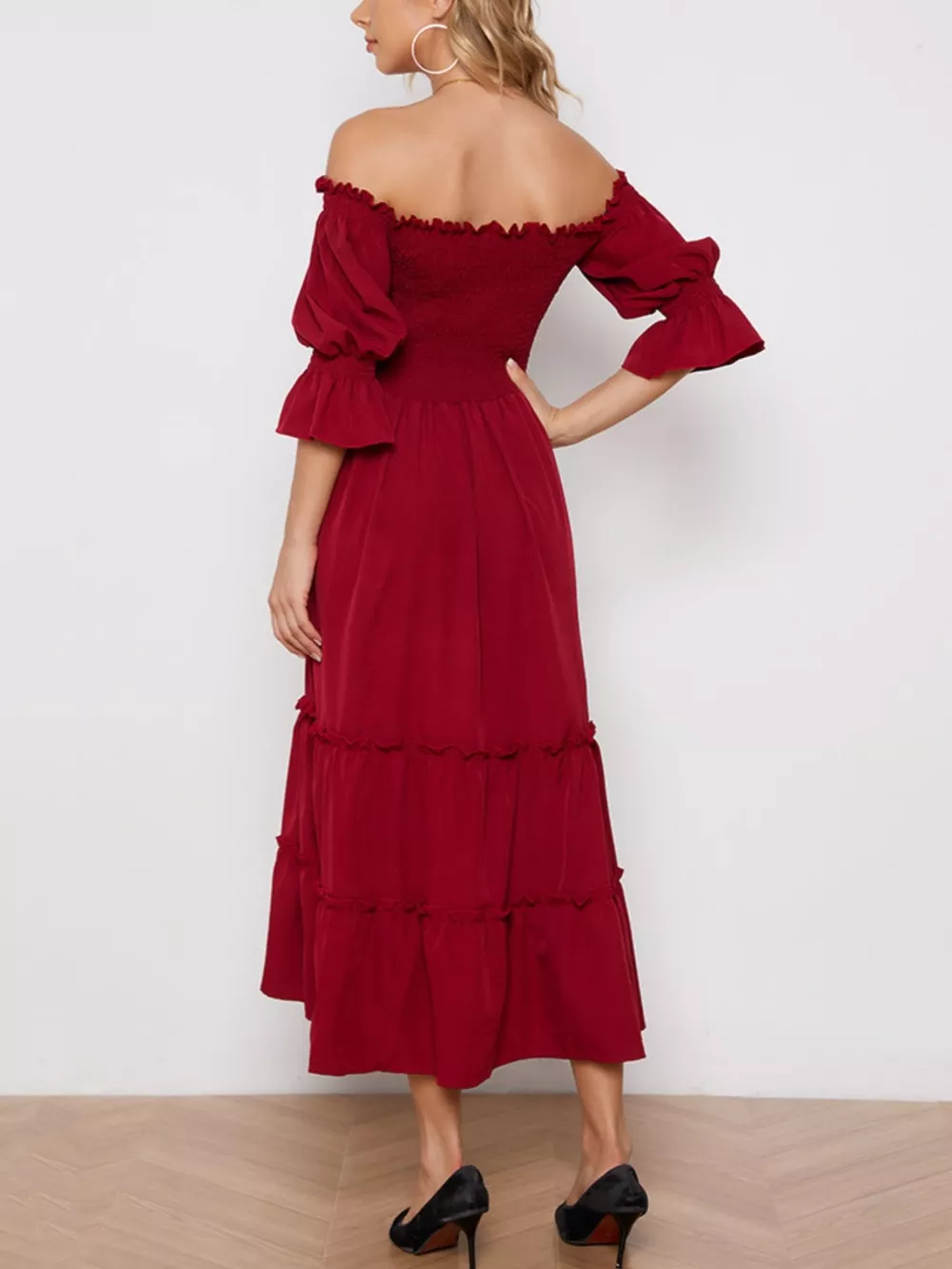 Smocked Off-Shoulder Ruffle Hem Midi Dress, image 2