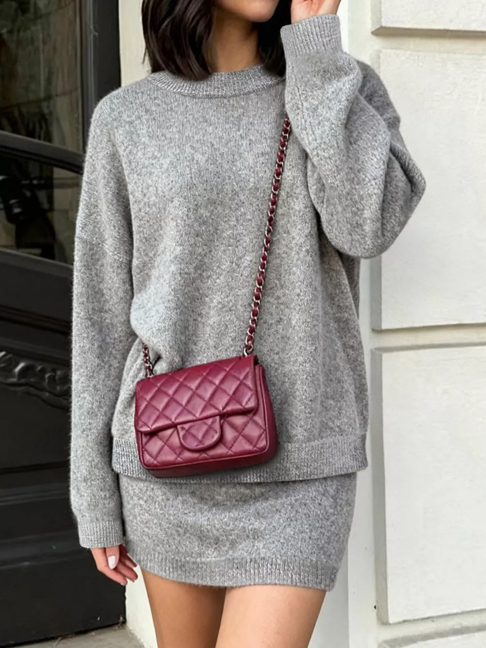 Plus Size Round Neck Long Sleeve Top and Skirt Sweater Set