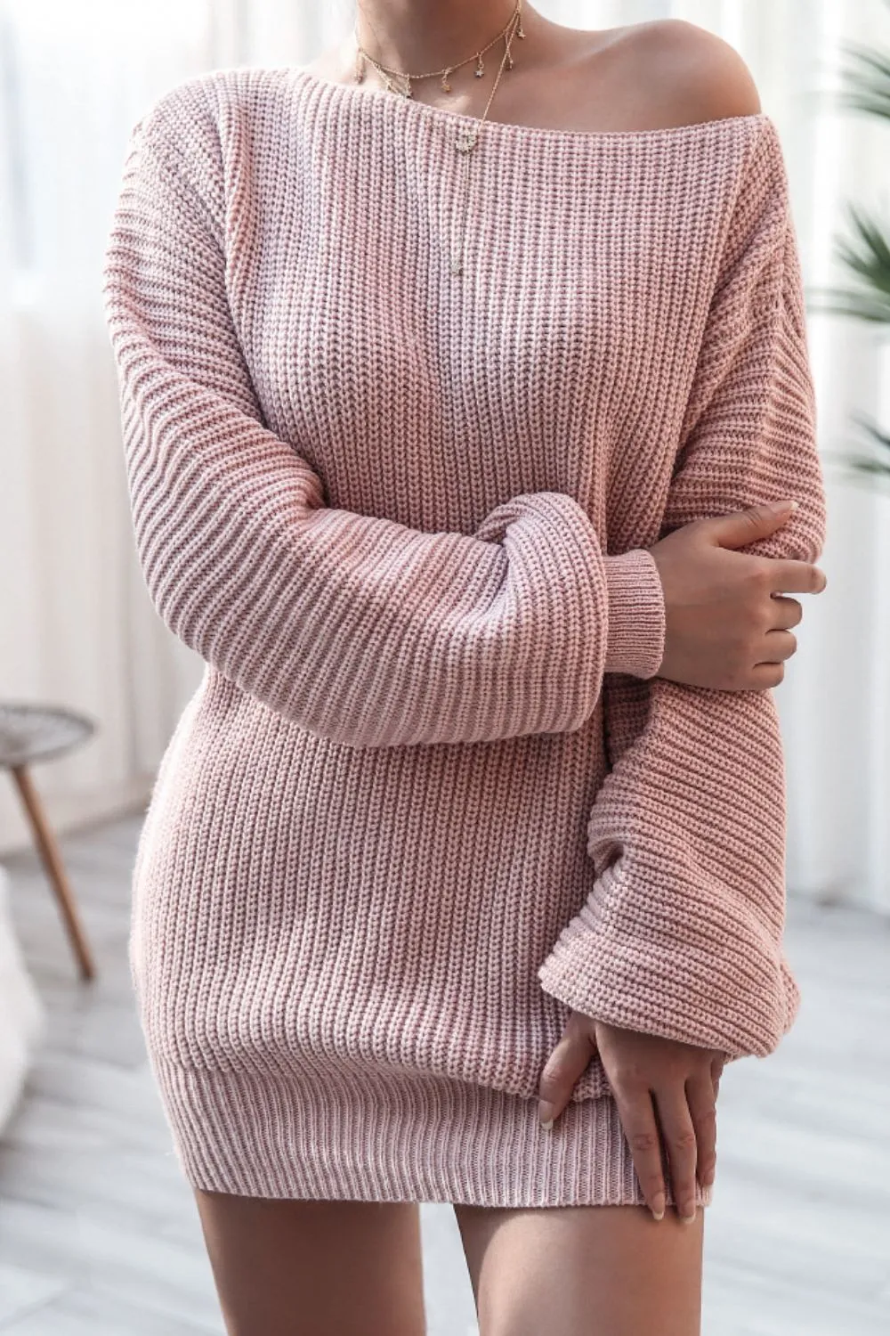 Boat Neck Long Sleeve Mini Sweater Dress, image 4