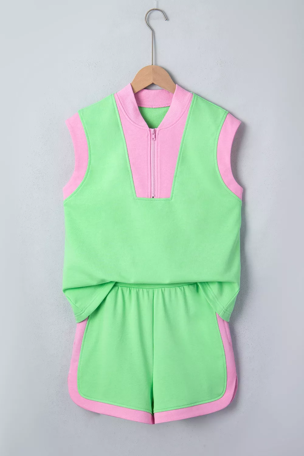 Color Block Accent Half Zip Top Athleisure Shorts Set, image 2