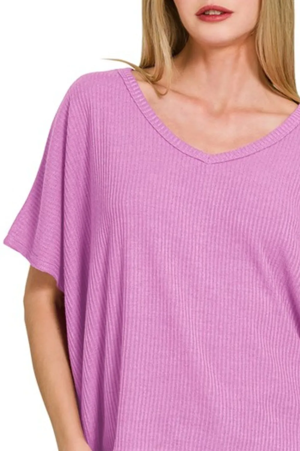 Ribbed V-Neck Short-Sleeve Knit Top, image 2