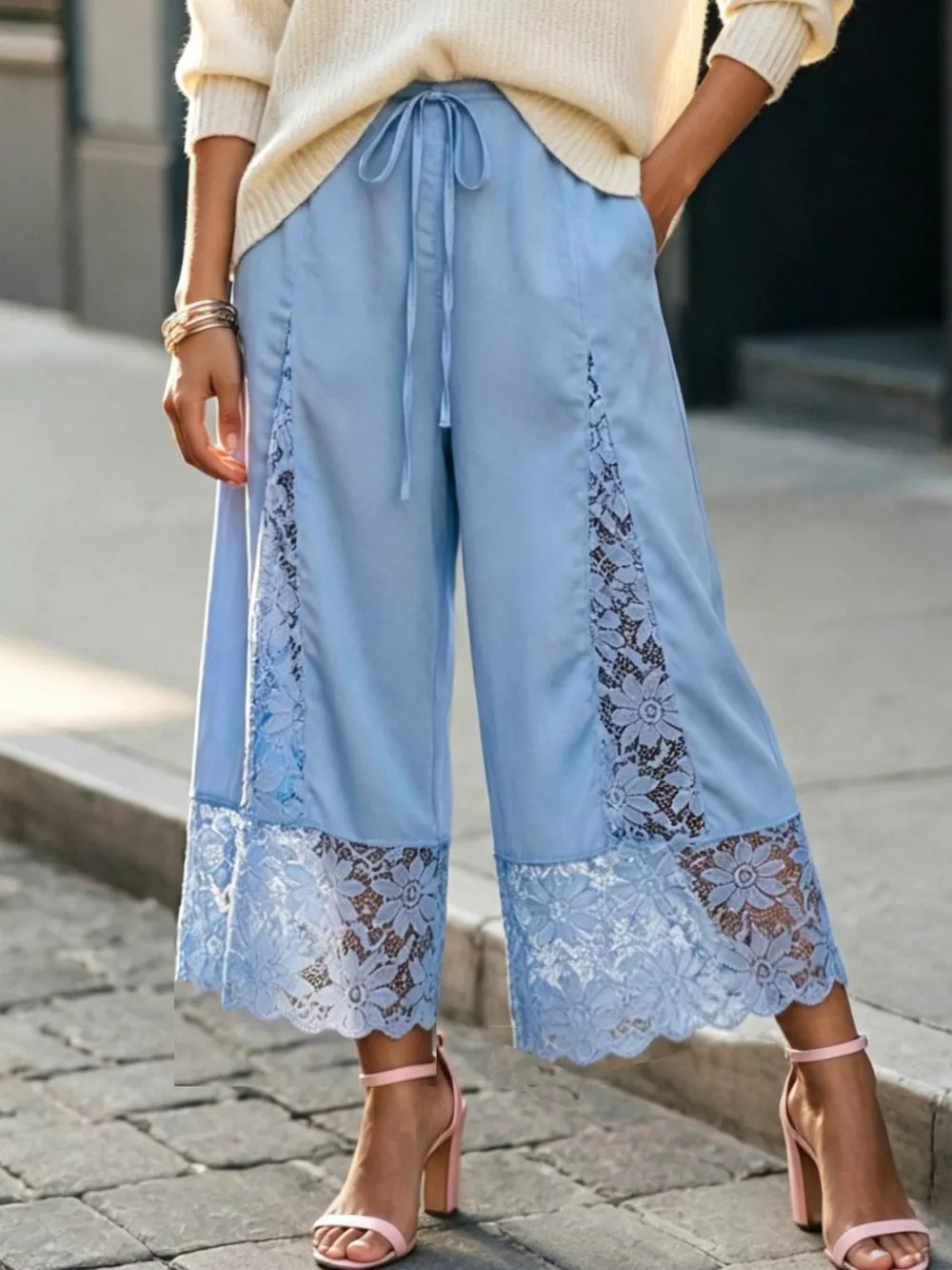 Lace Trim Wide-Leg Cropped Pants, image 2