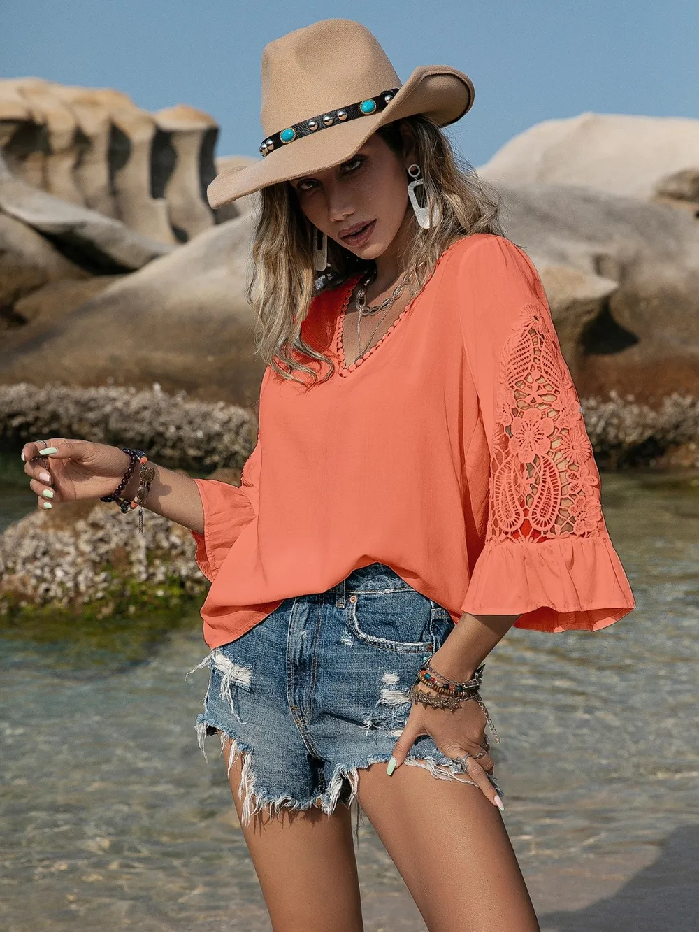 Lace Detail V-Neck Blouse, image 3