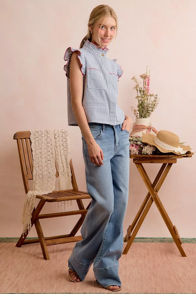 Stripe Twill Stitch Ruffled Hidden Button Vest Top, image 23
