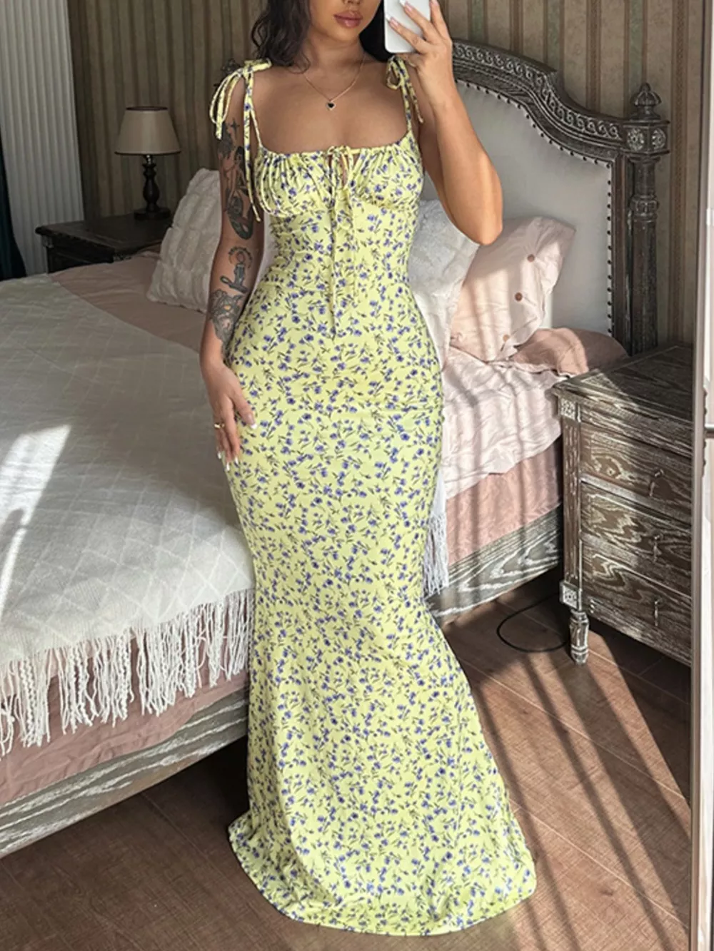 Floral Print Tie Strap Bodycon Maxi Dress, image 10