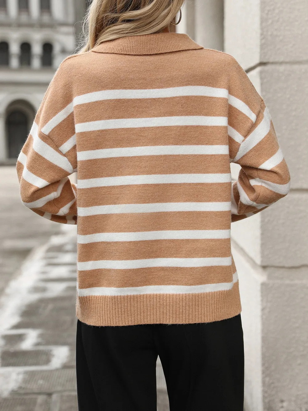 Striped Johnny Collar Long Sleeve Sweater, image 7