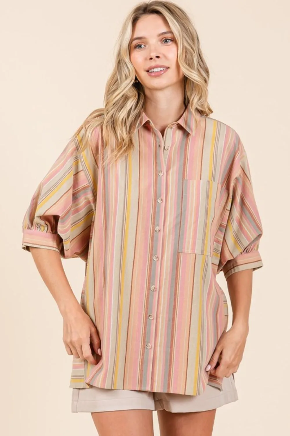 Striped Bubble Sleeve Button Down Shirt, image 5