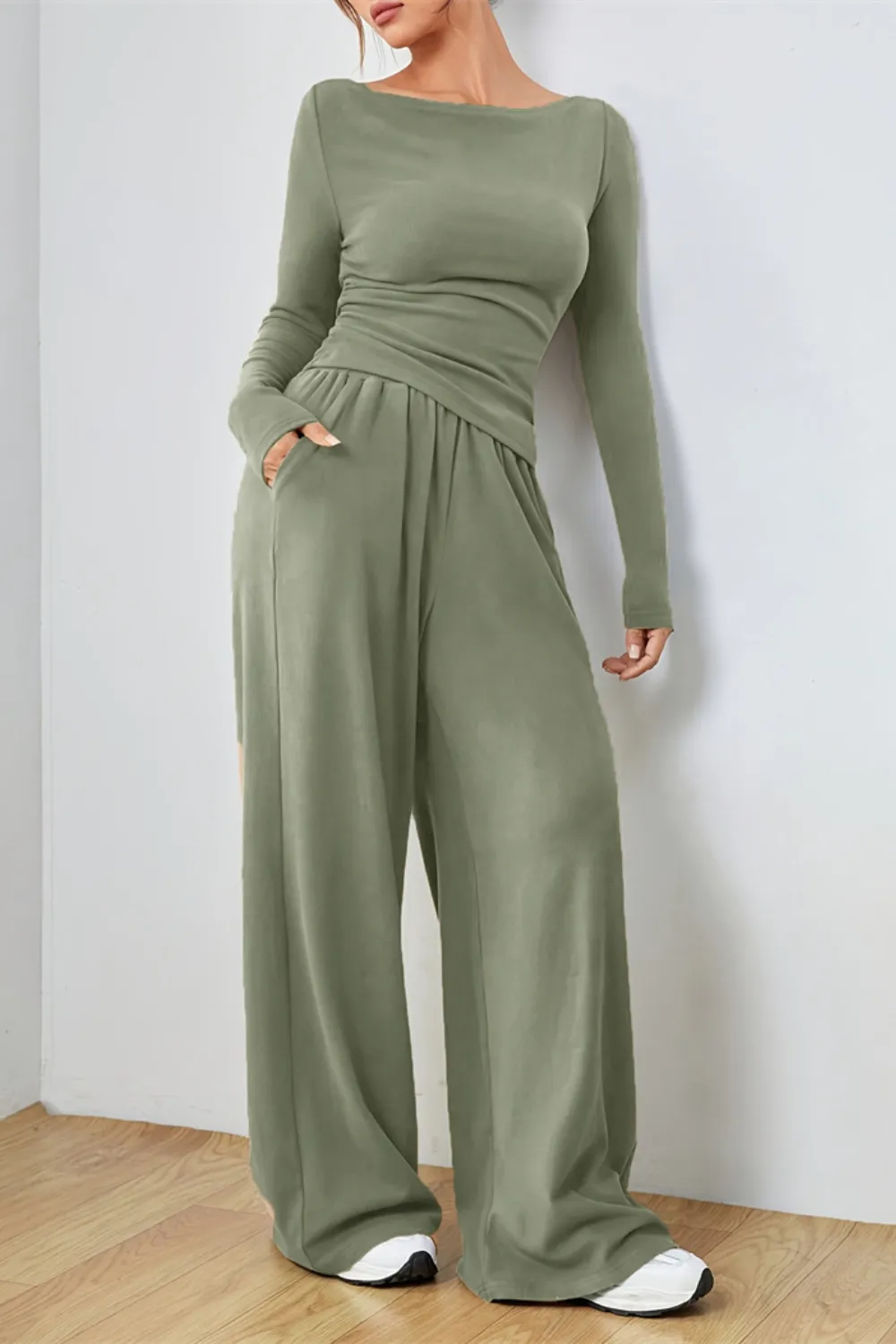 Boat Neck Long Sleeve Top and Pants Set, image 4