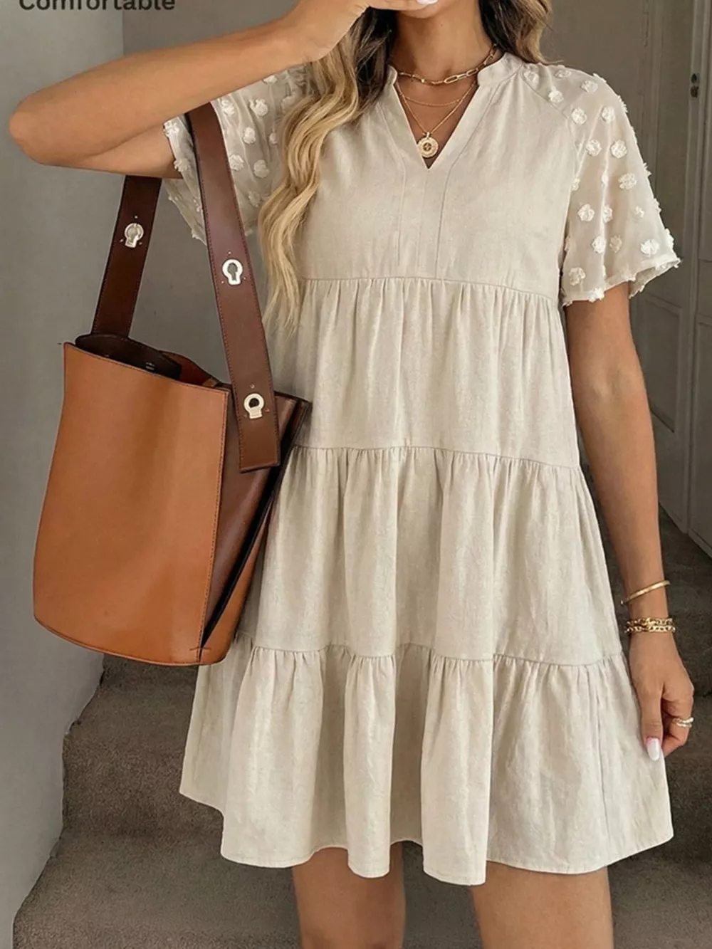 Casual Tiered Mini Dress with Swiss Dot Sleeves, image 2
