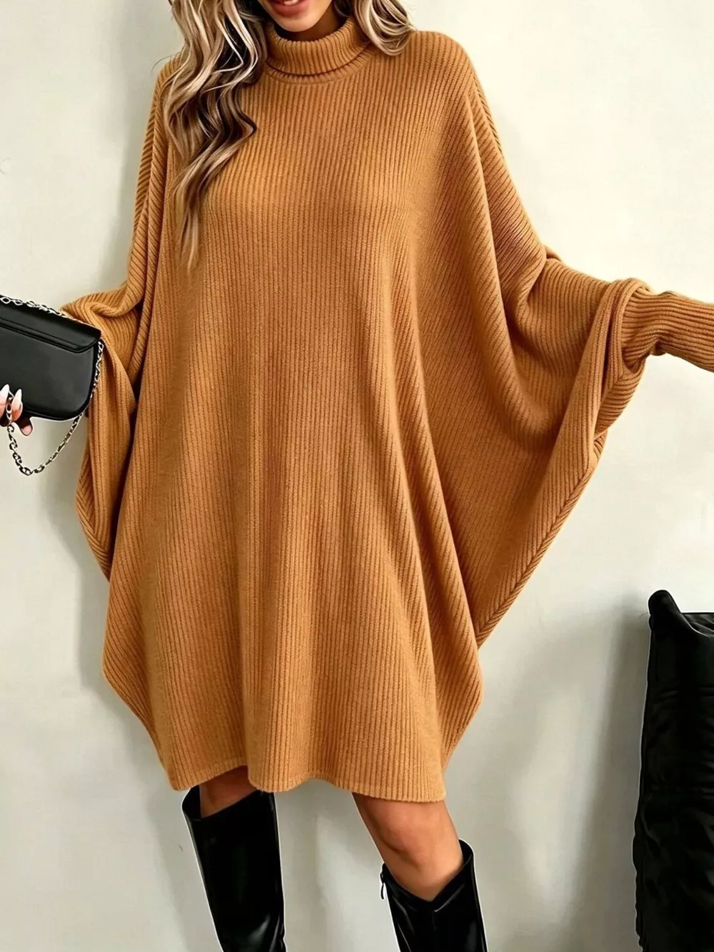 Oversized Batwing Sleeve Ribbed Knit Turtleneck Dress, image 17